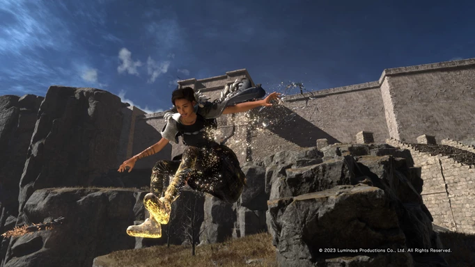 Forspoken Review: Frey performing parkour mid-air.