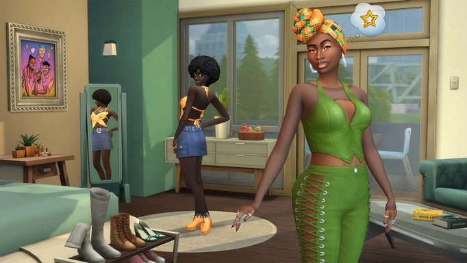 Screenshot of two Sims wearing items from the Urban Homage Kit in The Sims 4