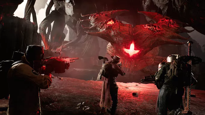 a promo image of Remnant 2 showing three players attacking a boss