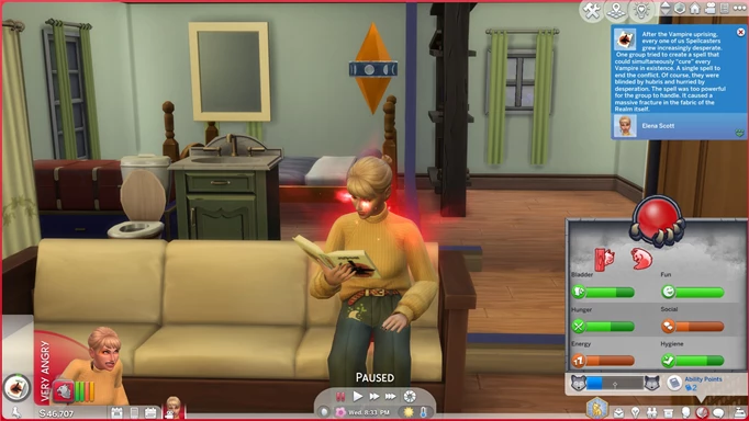Sim reading Greg's diary to reveal more of his lore