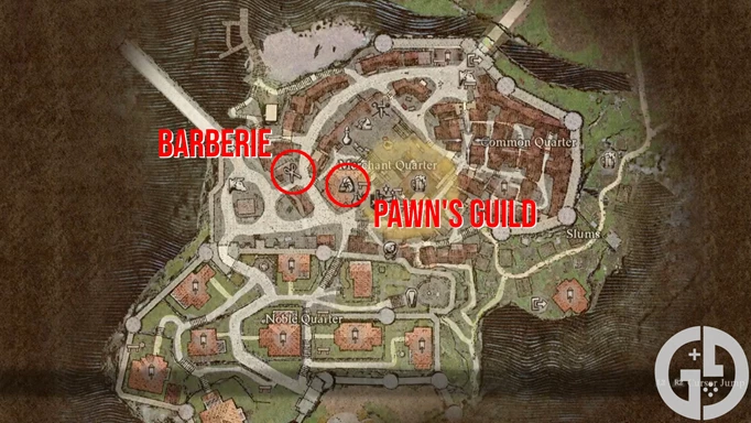 Map image of the Pawn's Guild and Barberie in Vernworth in Dragon's Dogma 2