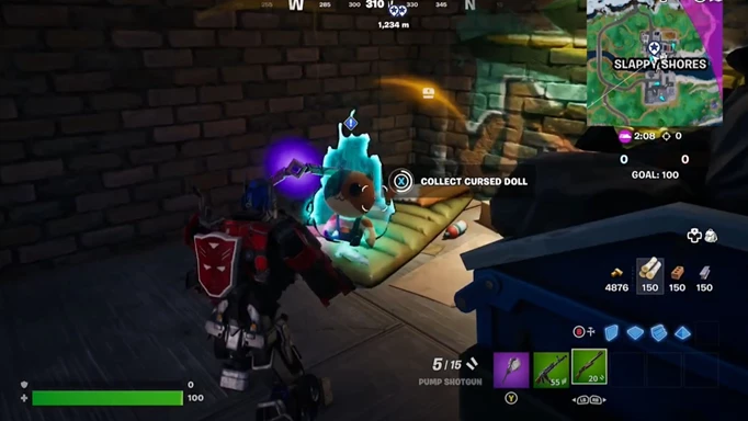 If you're at Slappy Shores, check under the boarded-up Slurp Juice building to locate a cursed Meowscles doll in Fortnite