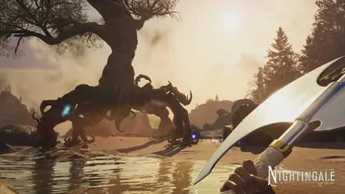 Nightingale gameplay screenshot wielding an axe while looking at a walking tree