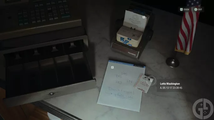 The lottery ticket and notepad that will help you figure out the shotgun code in Alan Wake 2