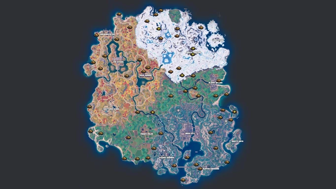 Map screenshot showing all of the Fortnite Campfire locations