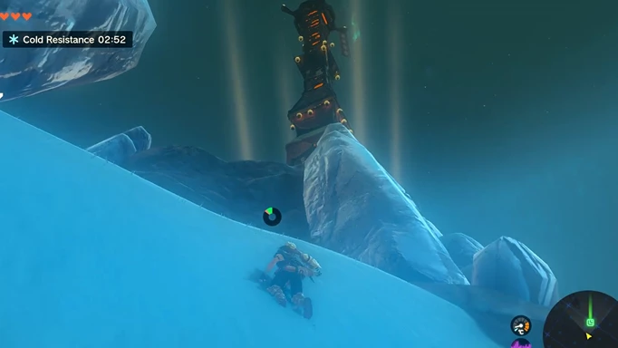 Link climbing up a snowy mountain to the Mount Lanayru Skyview Tower