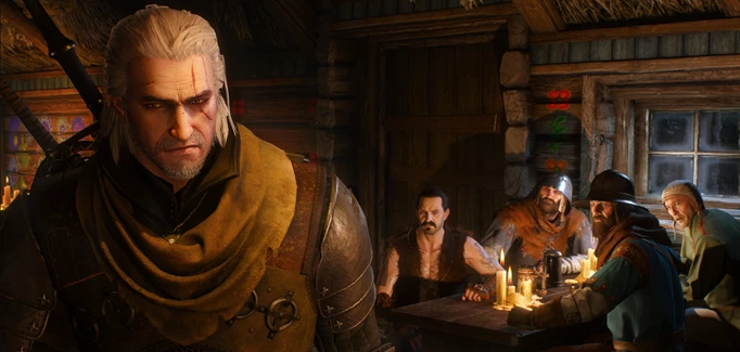 Geralt walks away from a table of men in The Witcher 3