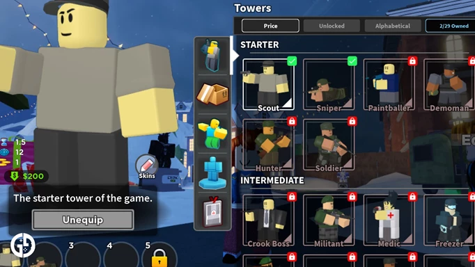 Image of a menu in Tower Defense Simulator, a game in Roblox