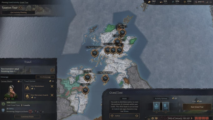 a screenshot of the Crusader Kings 3 Tours and Tournaments travel system