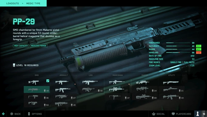 A gun menu showing the PP-29 SMG.