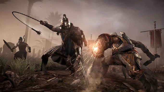 Bayek blocking a hit in Assassin's Creed Origins