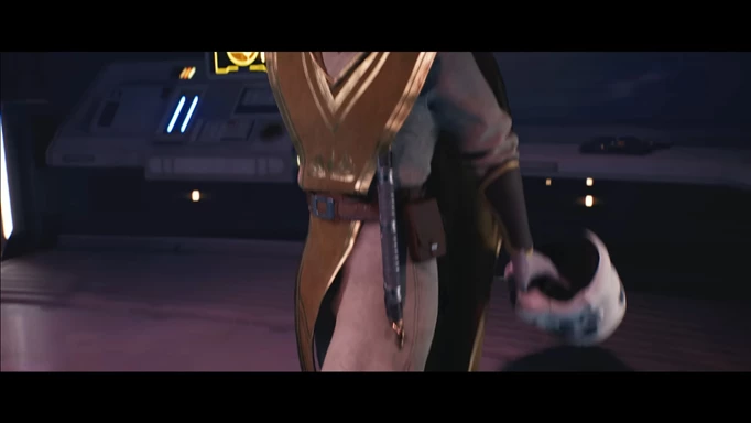 Человек из бакта-цистерны в Star Wars Jedi: Survivor бросает шлем штурмовика в Кэла Кестиса.