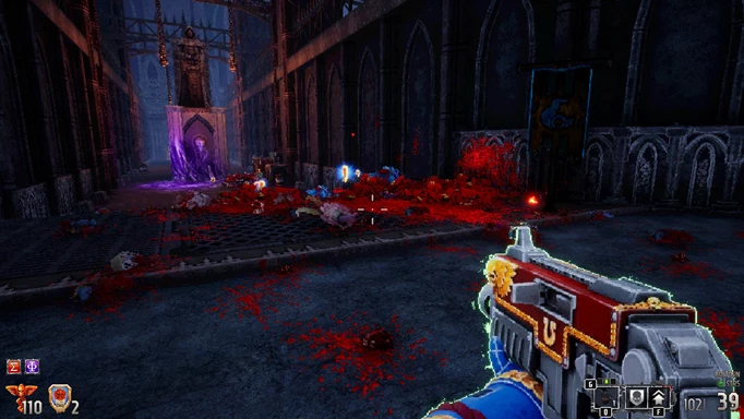 Blood and gore strewn across the ground after a battle in Warhammer Boltgun