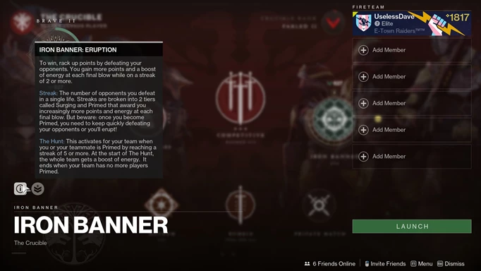 The info screen showing the details of Iron Banner Eruption in Destiny 2
