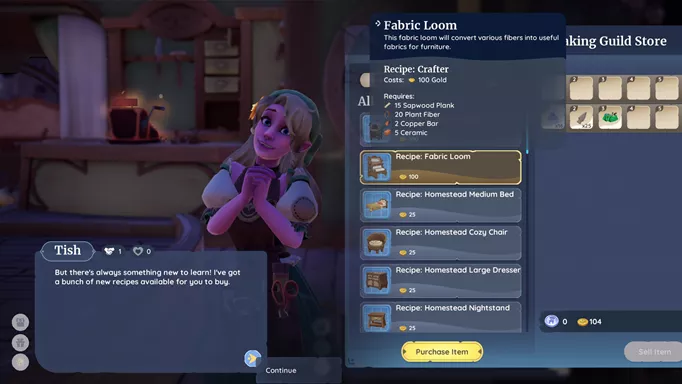 Screenshot showing where to get the Loom recipe in Palia