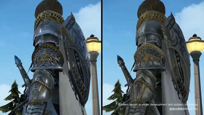 A screenshot showing the old and new graphics in Final Fantasy 14 Dawntrail