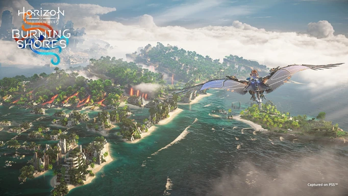 Key art of Aloy flying over Burning Shores from the game