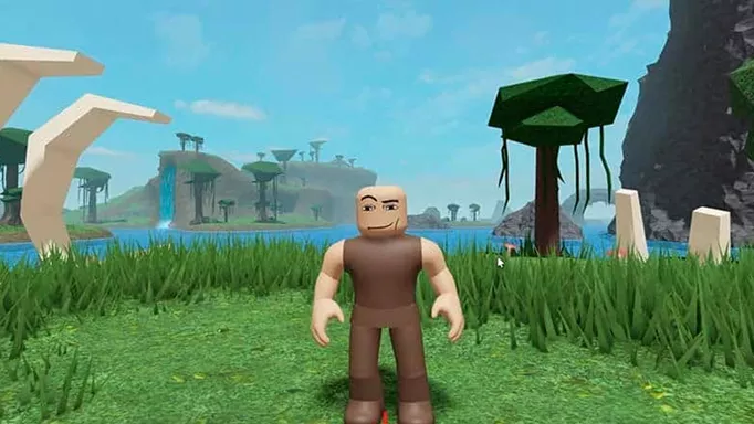 A Roblox character standing on some grass, with trees, the ocean, and a waterfall in the background