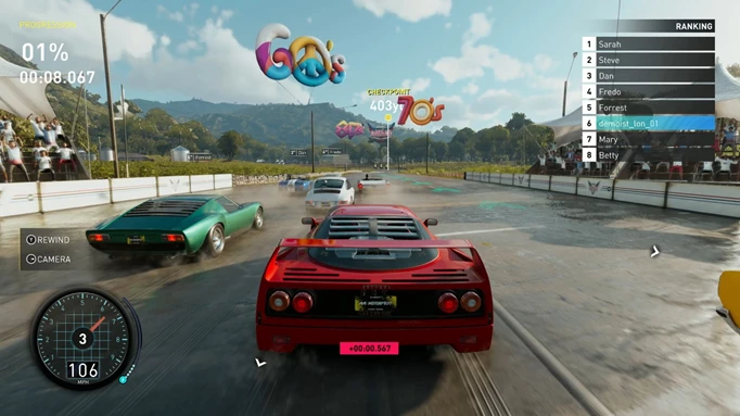 The Crew Motorfest screenshot showing decades themed racing