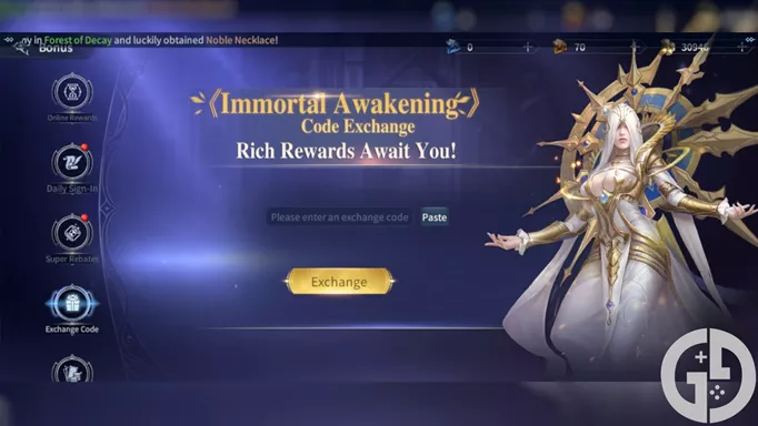 Image of the code redemption screen in Immortal Awakening
