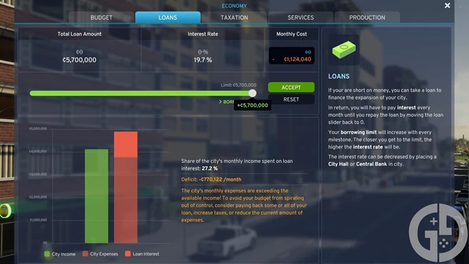 Image of the loan screen in Cities Skylines 2