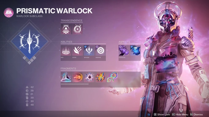The Prismatic subclass menu for the Warlock
