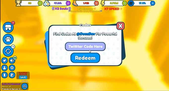 An in-game menu showing where to redeem codes for Speedman Simulator in Roblox