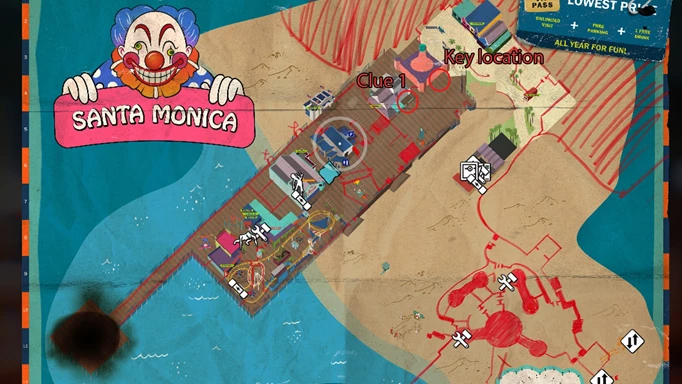 an image of the Dead Island 2 map showing the Drunk and Disorderly locations in Santa Monica