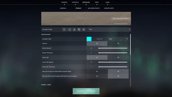 Zrzut ekranu pokazujący menu celownika w walorantach