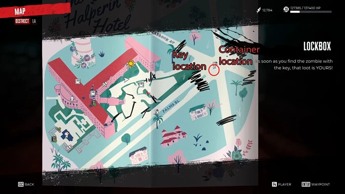 screenshot of the Dead island 2 map showing the location of Jamal, Jamal's Stash, and Jamal's Ammo