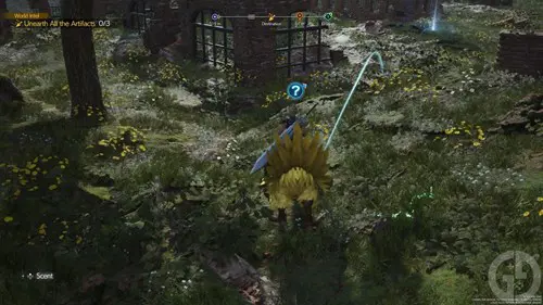 Cloud hunting for treasure on a Chocobo in Final Fantasy 7 Rebirth