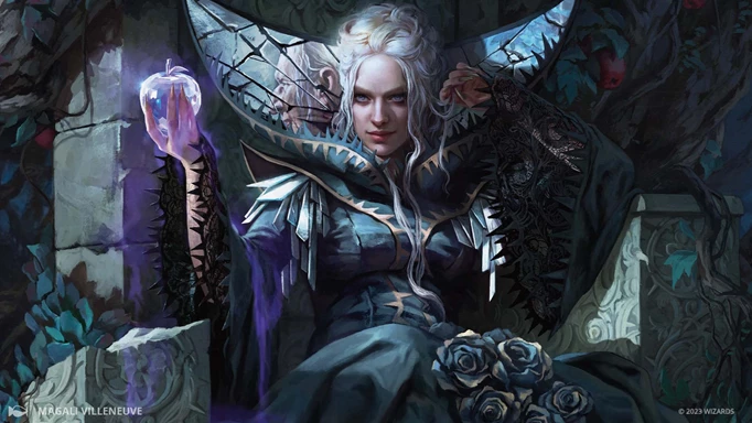 Magic the Gathering Wilds of Eldraine character sat on a Throne