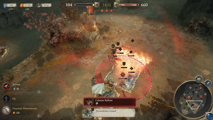 A Stormdrake breathing fire at the enemy army in Warhammer Age of Sigmar Realms of Ruin multiplayer