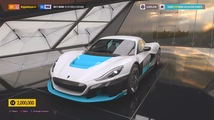A white and blue Rimac Concept Two