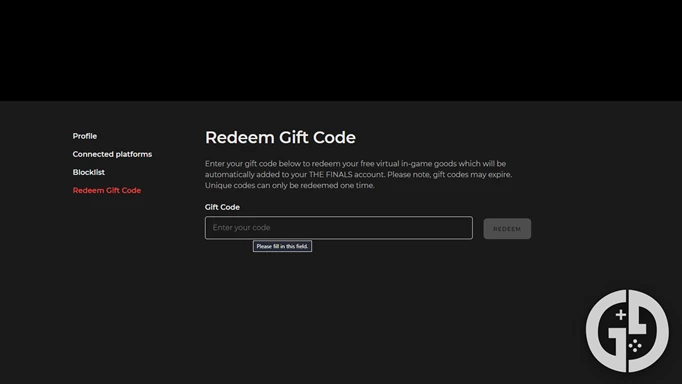The website where you can redeem codes for THE FINALS