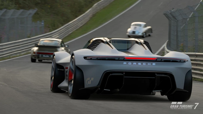 A race screenshot from Gran Turismo featuring multiple Porsches