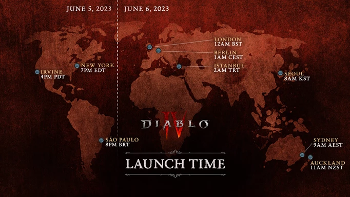 Map showing the release times for Diablo 4 when the beta has ended