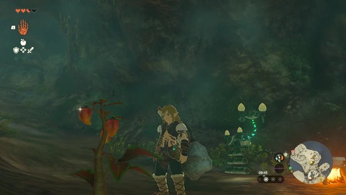 Image shows Link from The Legend of Zelda: Tears of the Kingdom staring at a tree with Spicy Peppers on it. There is a Construct in the background
