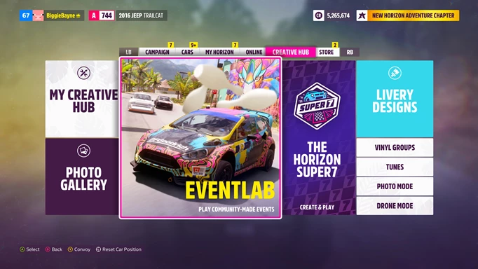Access the Event Lab in Forza Horizon 5 through the Creative Hub tab in the menus.