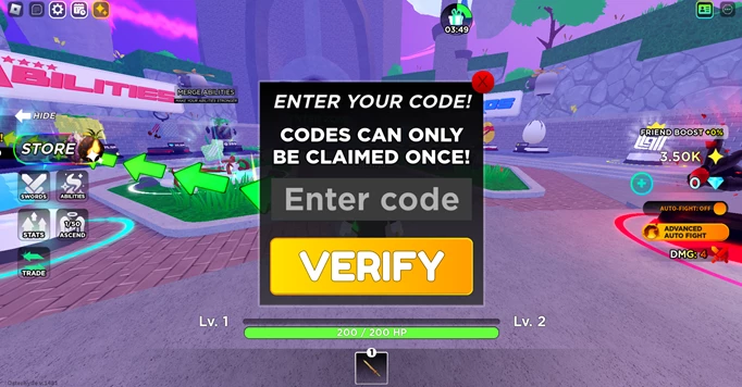 The code redemption screen in Anime Battlegrounds Y for Roblox