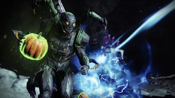 A Guardian carrying a glowing pumpkin in a Haunted Sector during Festival of the Lost