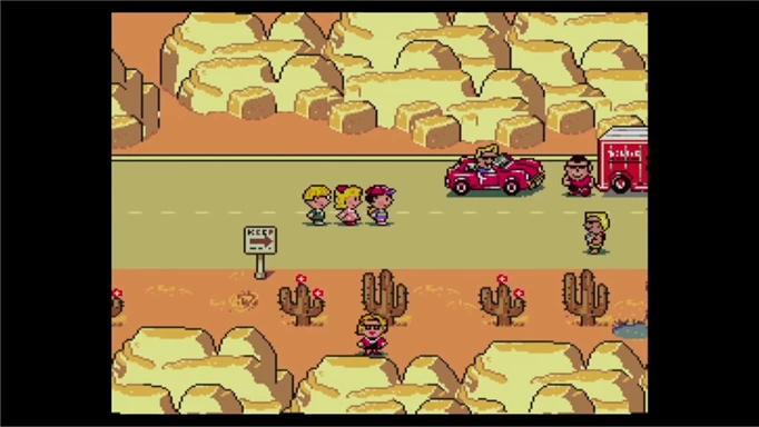 Image of characters walking down a road in Earthbound