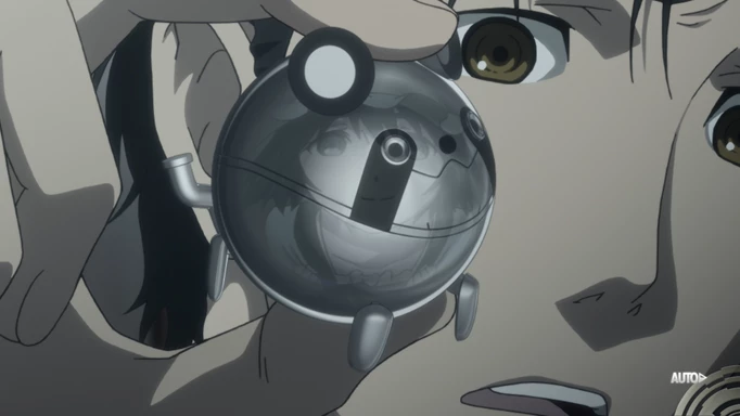 Screenshot from Steins;Gate Elite with a face reflecting in a metal ball