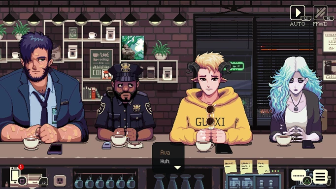Characters Gala, Officer Jorji, Lucas, and Riona in Coffee Talk Episode 2