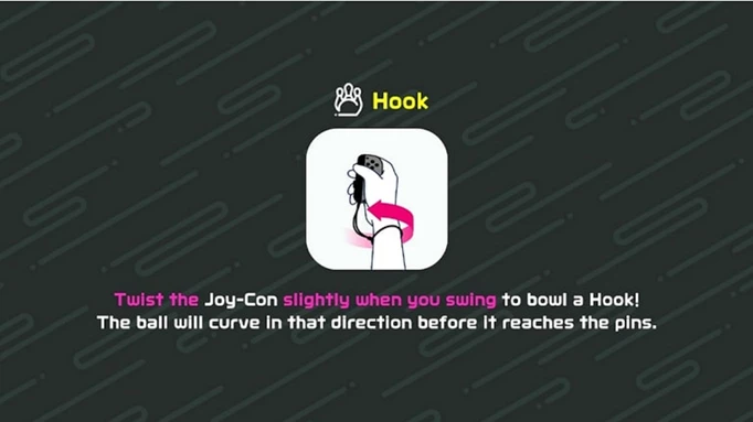 Directions for throwing a hook in Nintendo Switch Sports bowling.