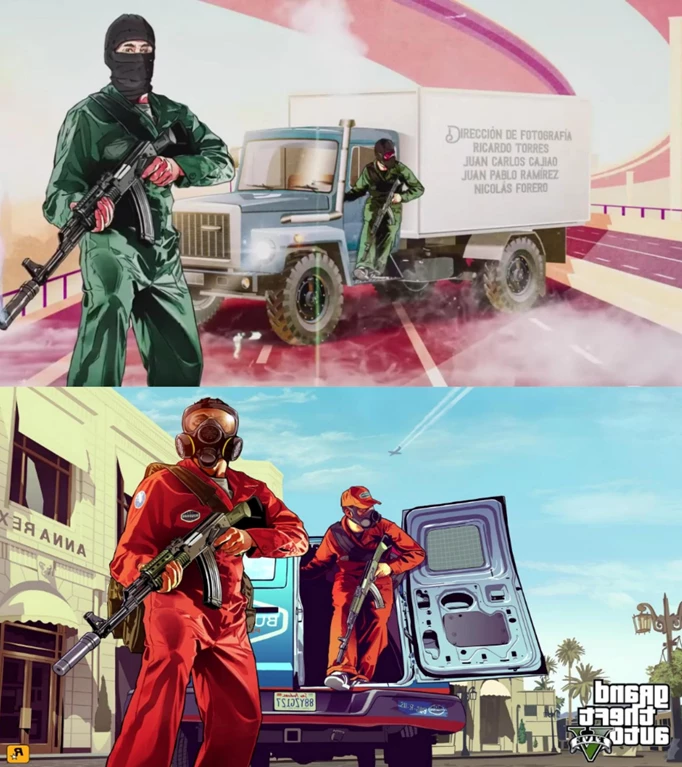 Two images showing similarities between GTA and a Netflix show. Two men are holding guns with their faces covered, one is jumping out of a van.