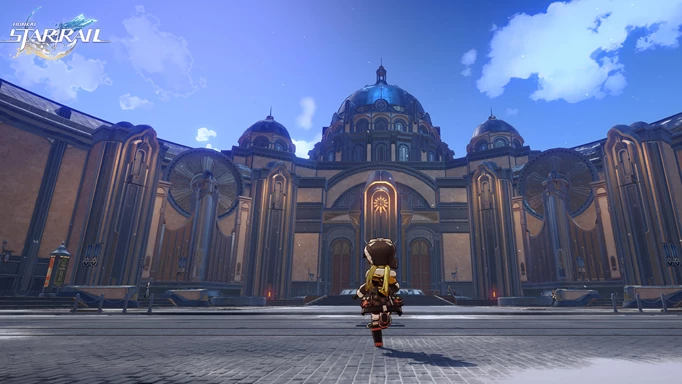 A small character in a big hat running towards a large, ornate building in Honkai: Star Rail