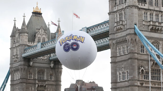 A Pokemon balloon in front of Tower Bridge for Pokemon GO Fest 2023: London