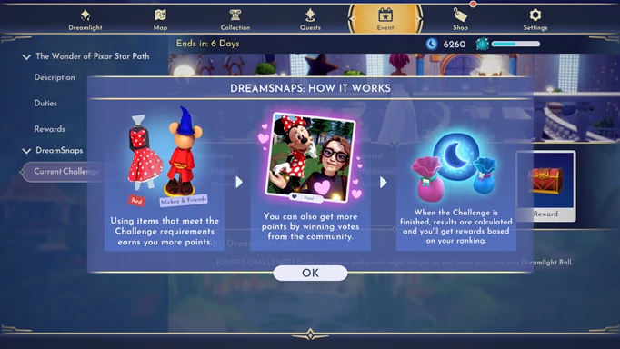 Screenshot of the DreamSnaps challenge instructions in Disney Dreamlight Valley