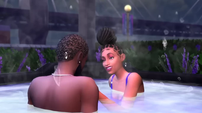 Dos sims en una bañera de hidromasaje en los Sims 4